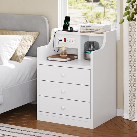 Nightstand with Charging Station, White Bedside Table with Hutch and 3 Drawers for Bedroom Storage