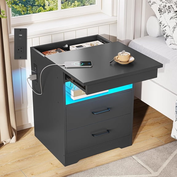 Aunfebrco Nightstand with Charging Station and LED Lights, Bedside Table with 2 Storage Drawers and Lockable Sliding Desktop for Bedroom, Black