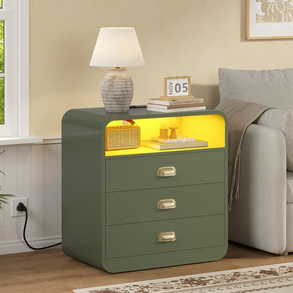 Nightstand with Charging Station and LED Lights, Modern Bedside Table W/3 Storage Drawers, Curved Profile Design, Unique Green