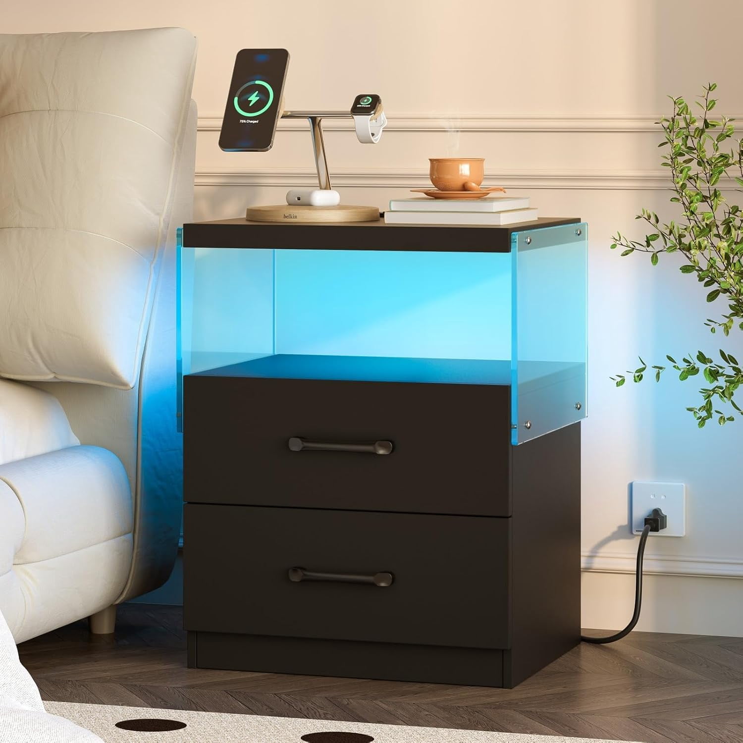 Nightstand with Charging Station and LED Lights,Night Stand with 2 ...
