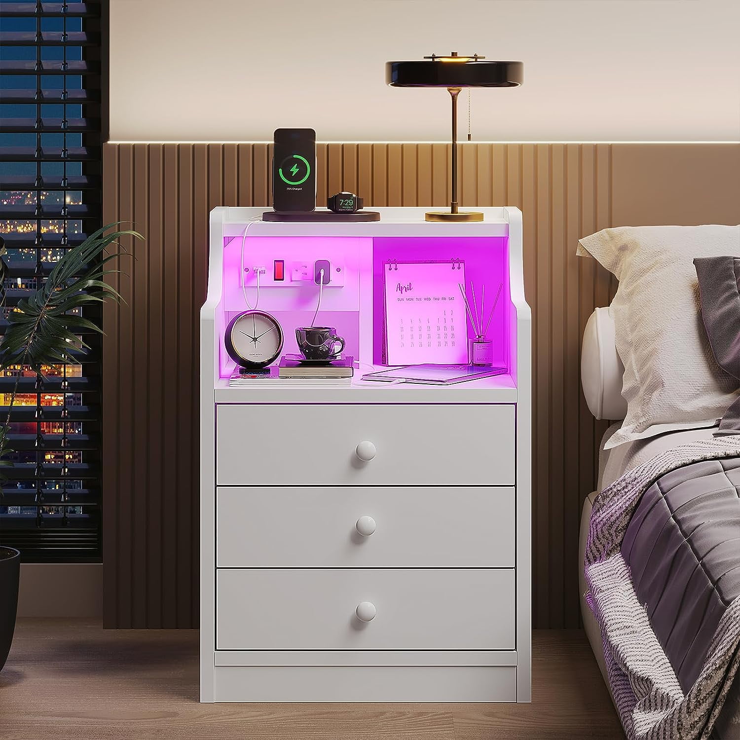 Nightstand with Charging Station and LED Lights,Night Stand with Hutch and 3 Drawers,Modern Bedroom Bedside Table with Drawers,End Side Table,White