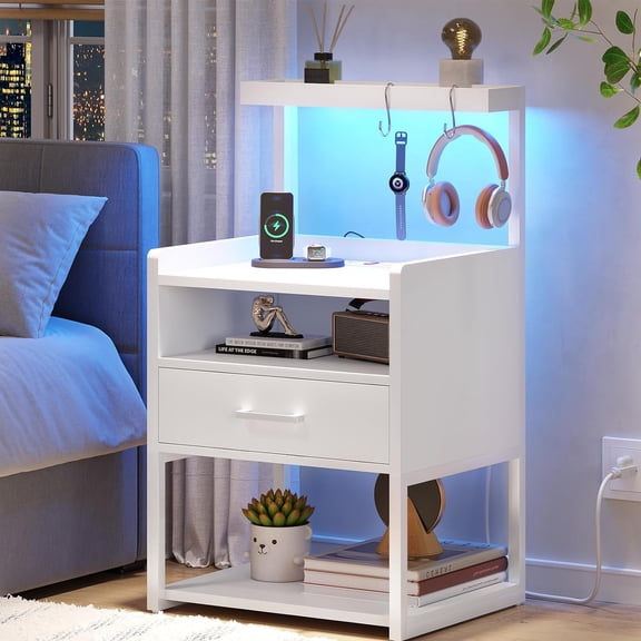 Nightstand with Charging Station and LED Lights, White Bedside Table with Drawer, Modern End Side Table with Open Storage Shelves for Bedroom, Office
