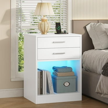 Nightstand with Charging Station and LED Lights,White Bedside Table with Power Outlets & Drawers,Modern End Side Table Set of 2 for Bedrooms