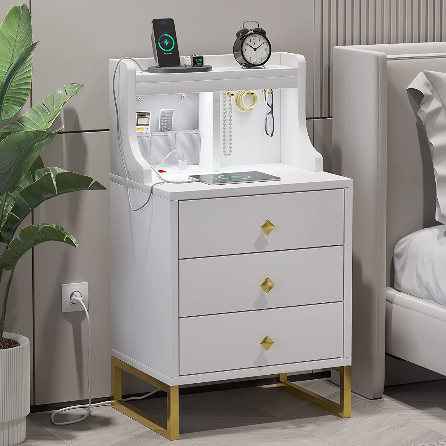 PINNKL Nightstand with Drawer Smart Bedside Table With USB Port, LED Light  Smart Nightstand, Home Bedroom Furniture, Bedside Table with Drawers (Size