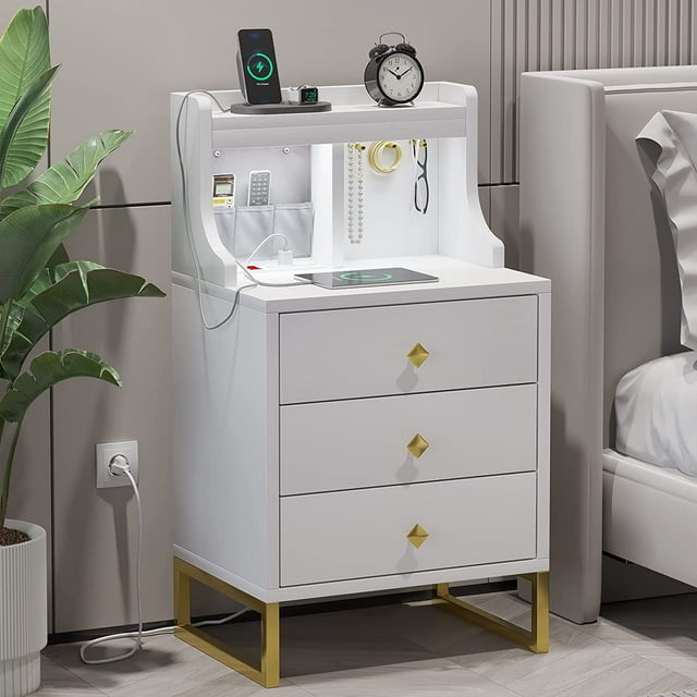 Modern White Nightstand with LED Sensor Light & Charging Station