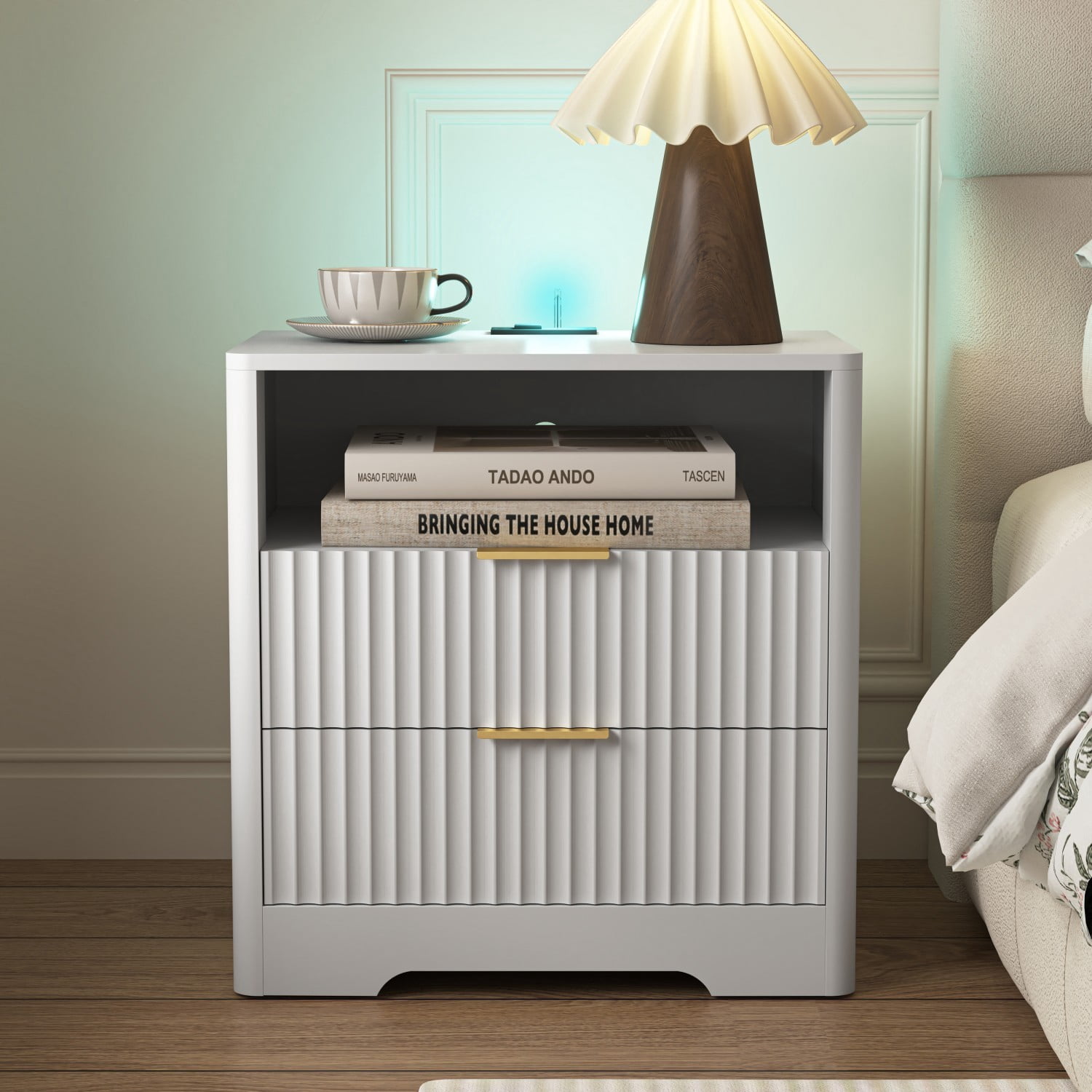 Nightstand with Charging Station and Voice Control Night Light, Modern Bedside Table with Storage Cabinet, White Night Stand for Bedroom, Living Room