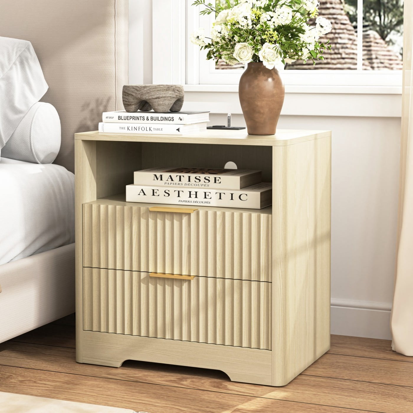 Nightstand with Charging Station and Voice Control Night Light, Modern Bedside Table with Storage Cabinet, Wood Night Stand for Bedroom, Living Room