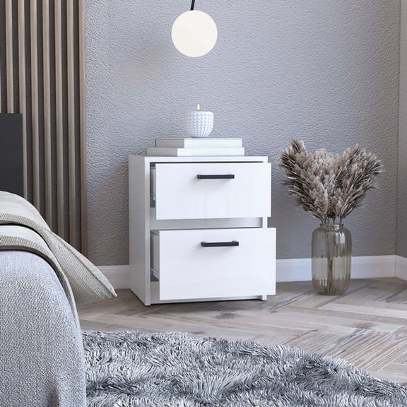 Nightstand with Checkered Design and Two Drawers along with Spacious Shelf (15.5" H x 13.2" W & 17.7" H x 15.7" W), White, Ready for Assembling