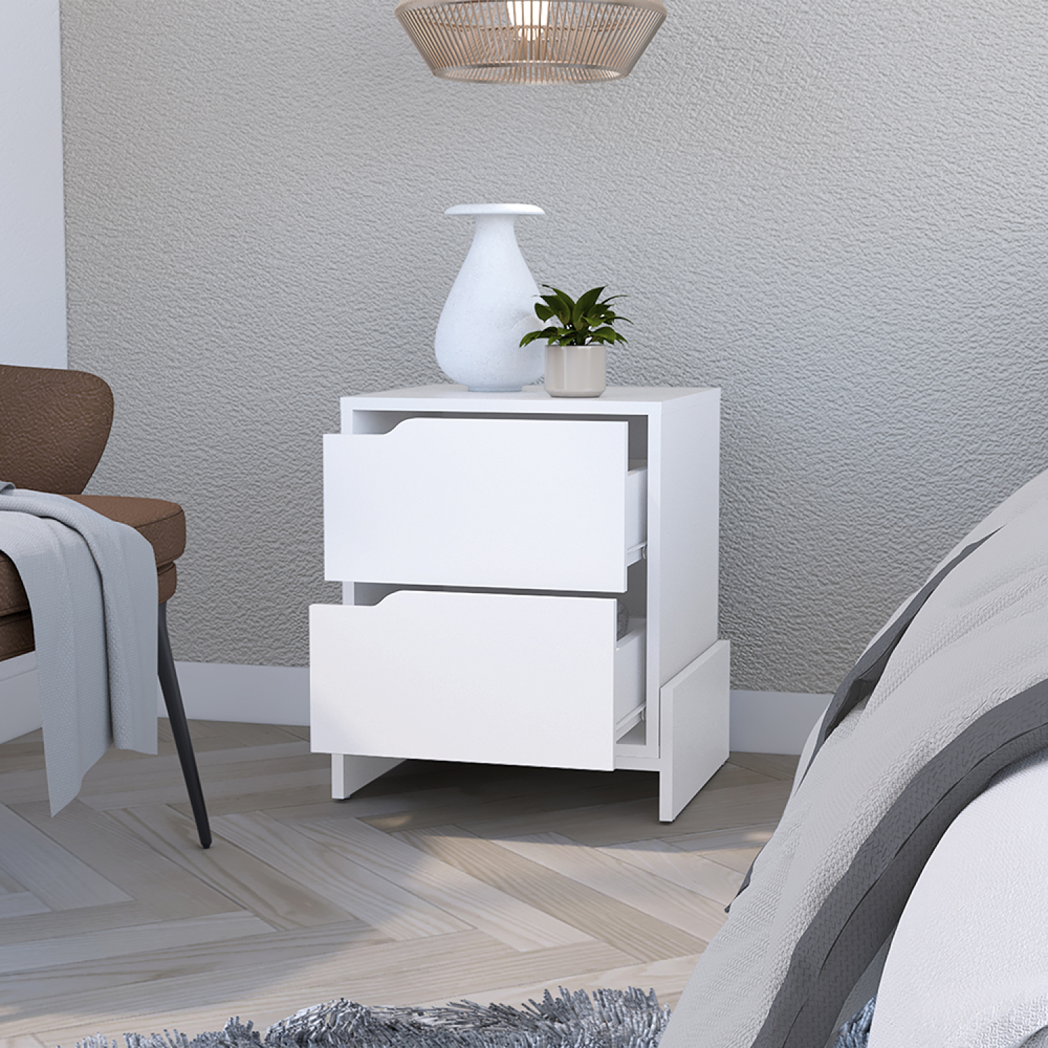 Nightstand with Double Drawers and Sturdy Base in White Finish, Ideal for Bedroom Organization and Storage