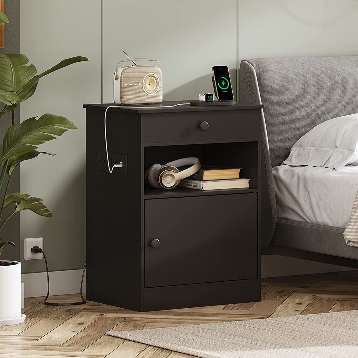 Nightstand with Drawer & 3 Outlets&2 USB Ports for Bedroom, Modern