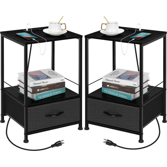 Oumilen Adult Modern Nightstand with Drawer Bedside End Table with USB Ports and Outlets, Black Set of 2
