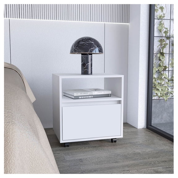 Nightstand with Drawer & Casters - White Bedside Table - Modern Bedroom Storage - 1 Drawer, Open Shelf - Wasilla Nightstand 18.9"W x 15.7"D
