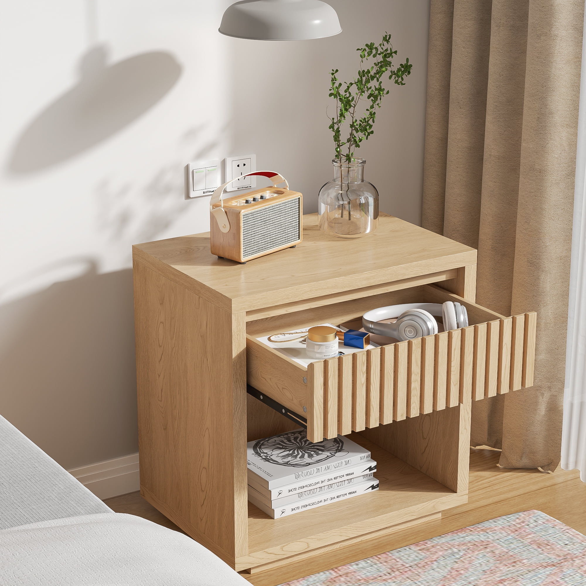 Nightstand with Drawer, Mid Century Nightstands with Open Storage Shelf, Wood Bedside Table