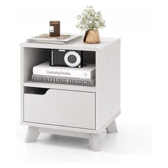 Nightstand with Drawer, Modern Sofa Side Table with Open Shelf, Space-Saving End Table, Bedside Table for Bedroom, Study, Distressed White