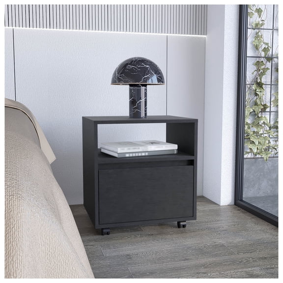 Nightstand with Drawer & Shelf, Black - 20"H Bedside Table on Casters