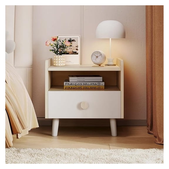 Nightstand with Drawer, Wooden Side Table with Open Shelf, Sturdy Legs, Round Edge, Kid Bedside End for Bedroom Furniture Dorm Small Spaces