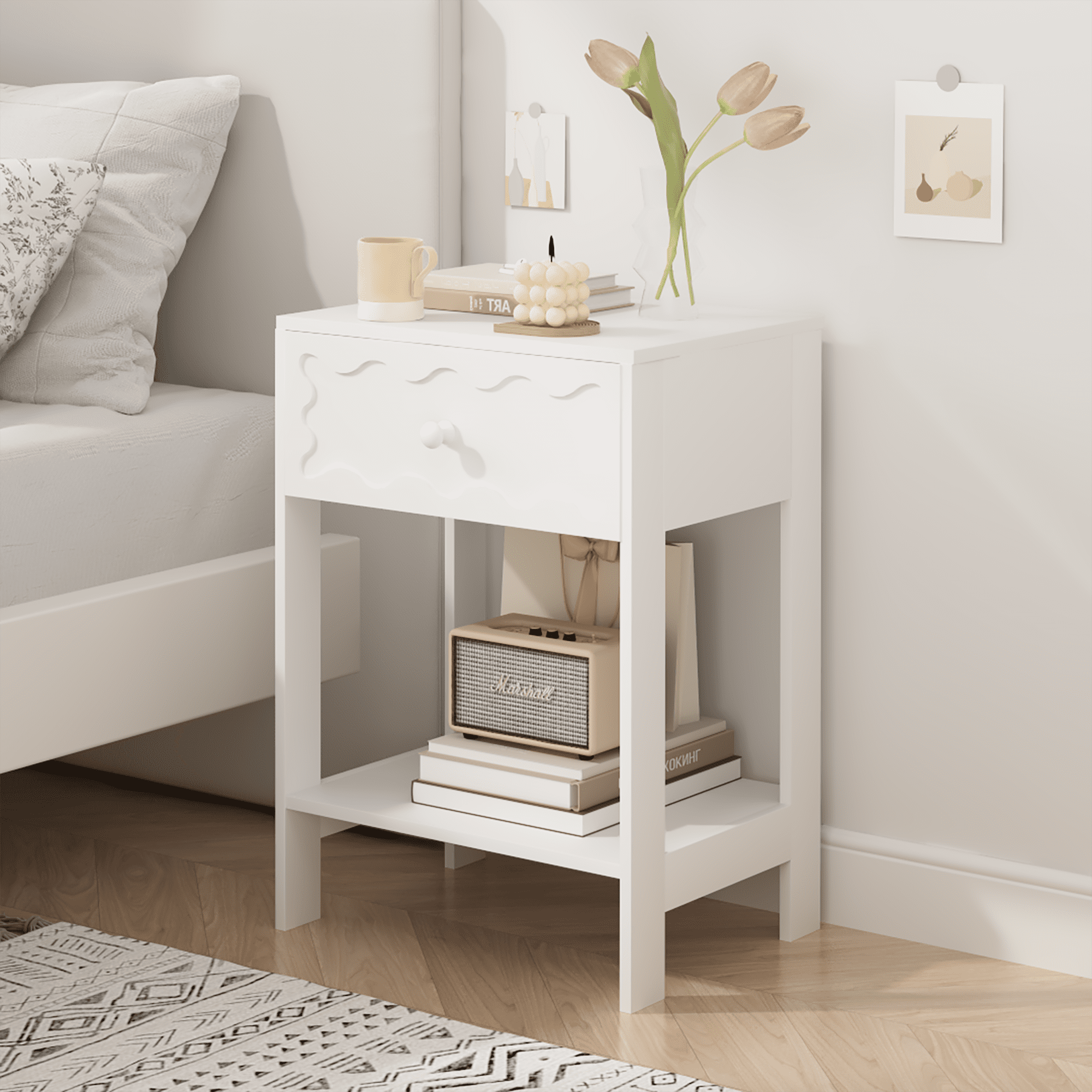 Nightstand with Drawer and Open Shelf,Modern Wave Pattern Solid Wood Bedside Table,End Table for Bedroom,Living Room,Small Spaces,White