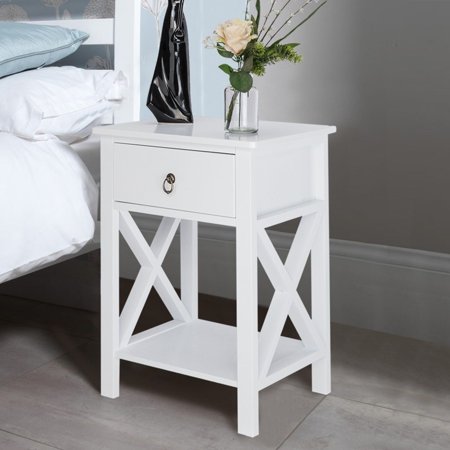 Nightstand with Drawer and Storage Shelf 2-Tier Bedside Table Accent End Table for Home, Bedroom, Living Room White