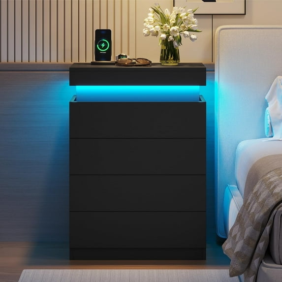 Nightstand with Drawers and LED Lights,Sliding Top,Tall Bedside Table with Charging Station,Modern End Side Table for Bedroom,Black