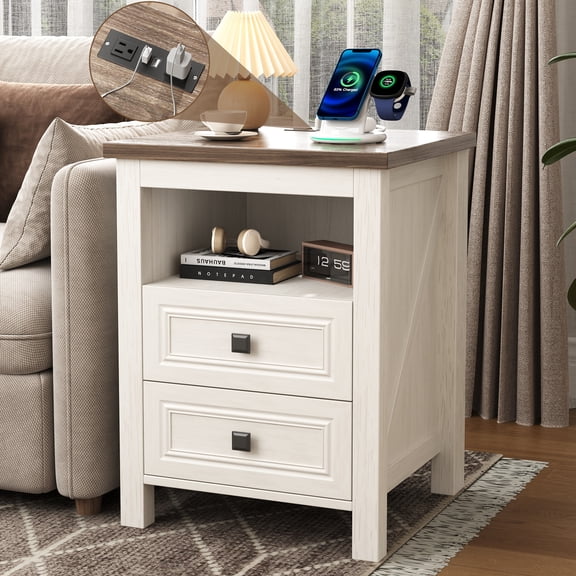 NEGYLIM Farmhouse Nightstand with Storage Shelves Bedside Tables for Bedroom Modern Wood Side Table Living Room, White