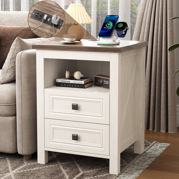 NEGYLIM Farmhouse Nightstand with Storage Shelves Bedside Tables for Bedroom Modern Wood Side Table Living Room, White
