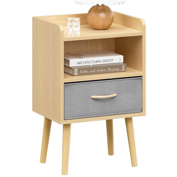 Nightstand with Fabric Drawer 2-Tier Storage End Table Wood Side Table-Oak
