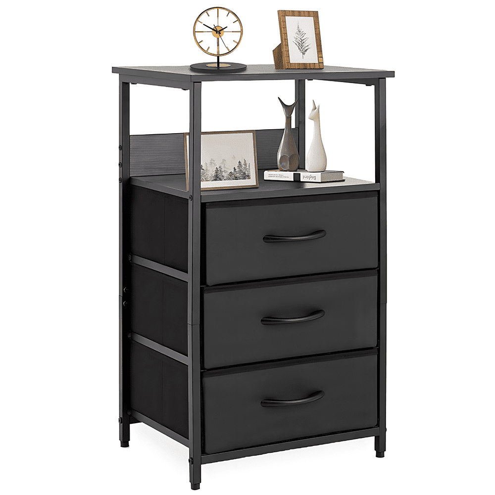 YEEZEE Bedside table with 3 fabric-covered drawers and an open shelving unit,ideal for bedrooms, entryways, and college dorms, easy to assemble. black