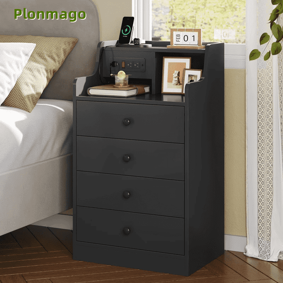 Plonmago End Tables,Nightstand with Hutch & 4 Storage Drawers,Black Night Stand for Bedroom,End Table with Charging Station