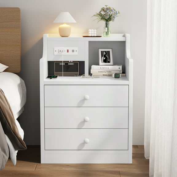 Nightstand with Hutch and 3 Drawers,Night Stand with USB Port Charging Station,White Bedside Table with Drawers,Bed Side Table with Storage