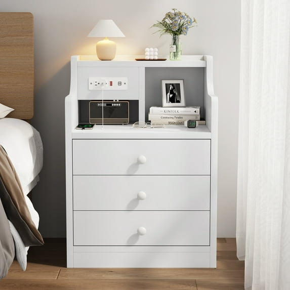 Nightstand with Hutch and 3 Drawers,Night Stand with USB Port Charging Station,White Bedside Table with Drawers,Bed Side Table with Storage