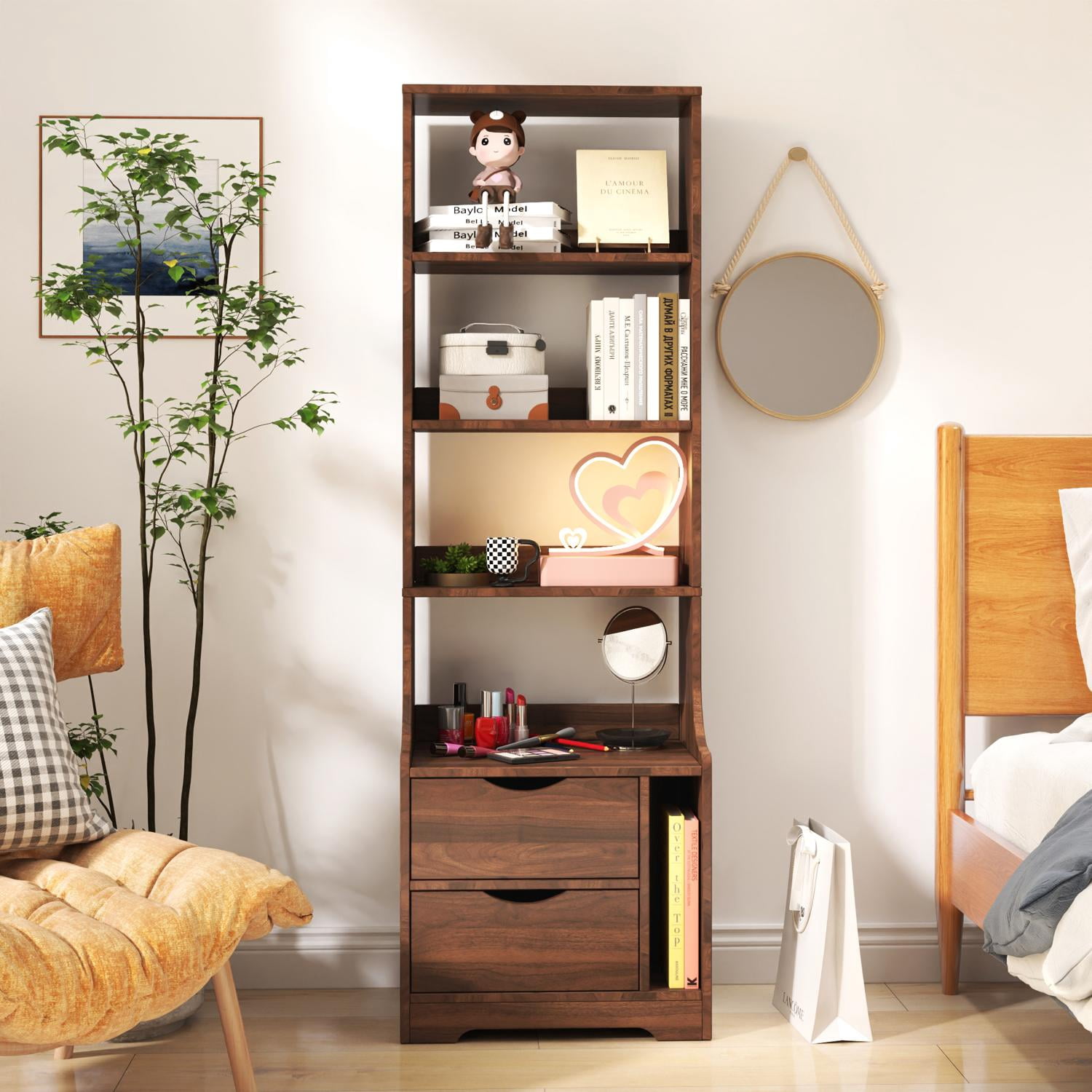 Nightstand, with Integrated Bookshelf and 2 Storage Drawers, Vertical Space-Saving Design for Bedroom and Study, 18.7x13.39x58.11 Inch Walnut