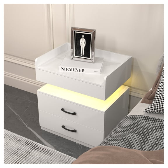 Nightstand with LED Light, 2-Drawers Bedside Table, Large Storage, End Table for Living Room, Study Desk, Sofa Side Table - Black/White/Gray