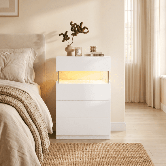 Nightstand with LED Lights, Bedside Table, Side Table with 4 Drawers, Modern Style