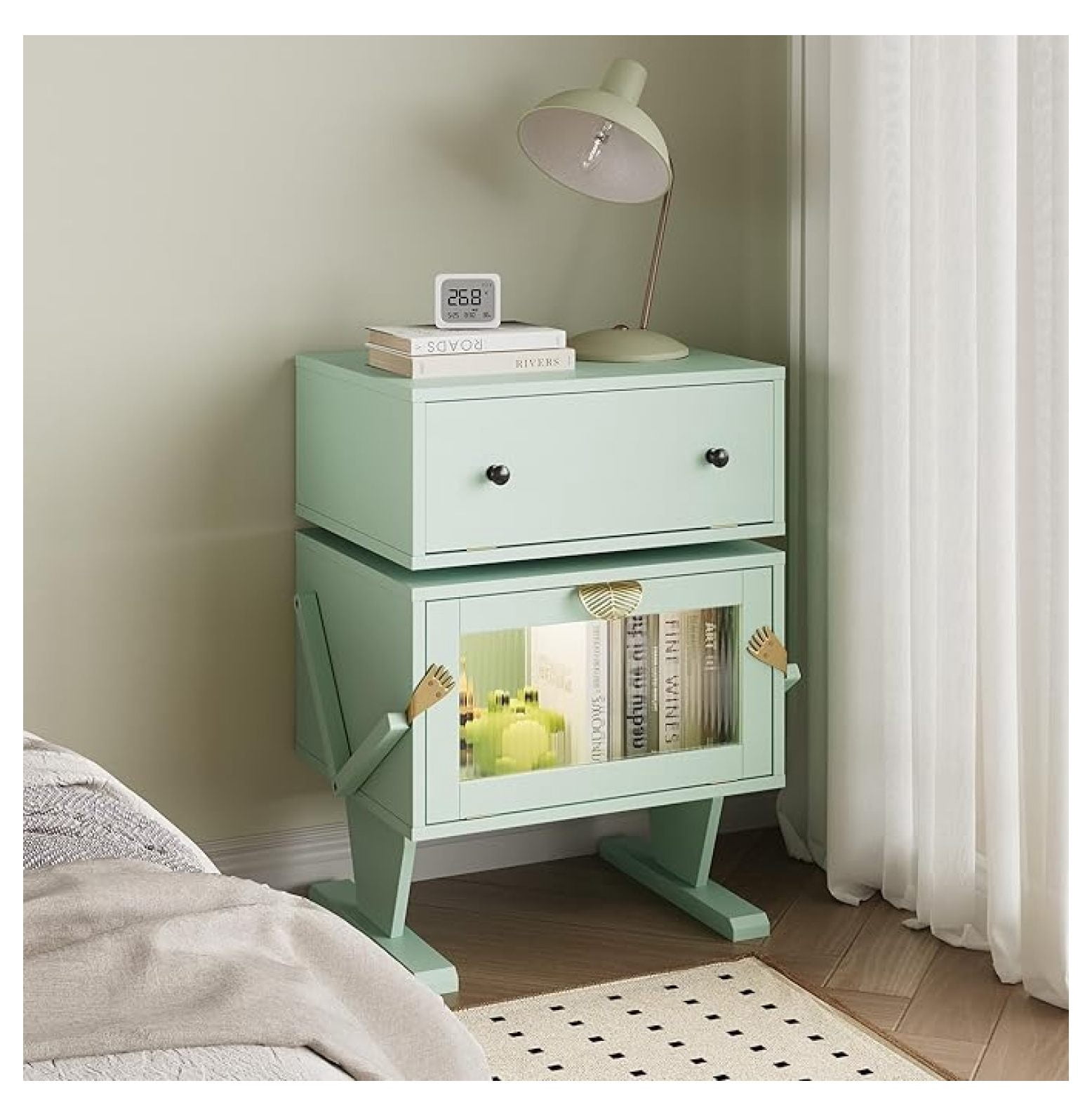 Nightstand with LED Lights, Green End Table - 360° Rotating Drawer ...