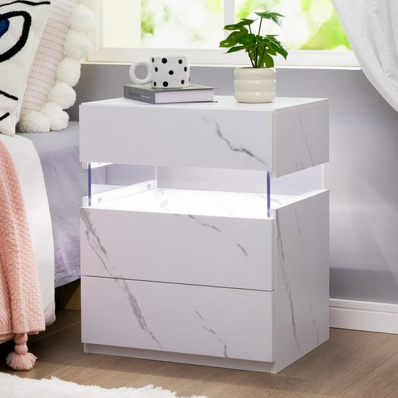 Nightstand with LED Lights LED Bedside Tables LED Nightstand for Bedroom Modern Night Stand with 3 Drawers