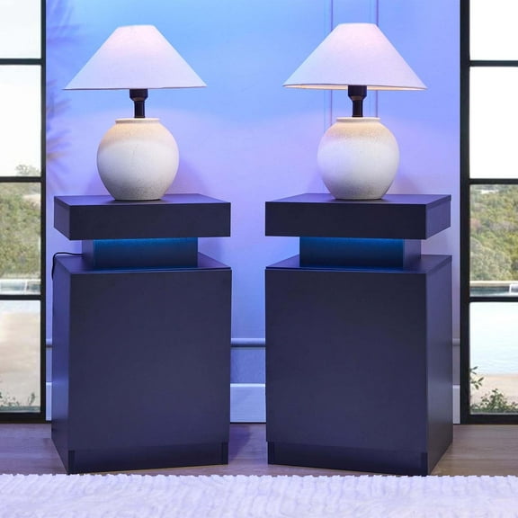 Nightstand with LED Lights Set of 2, Black Night Stands Set End Side Table with Cabinet Storage for Bedroom, Bedside Table with LED