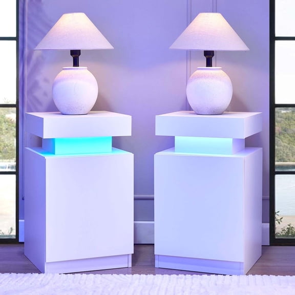 Nightstand with LED Lights Set of 2, White Night Stands Set End Side Table with Cabinet Storage for Bedroom, Bedside Table with LED
