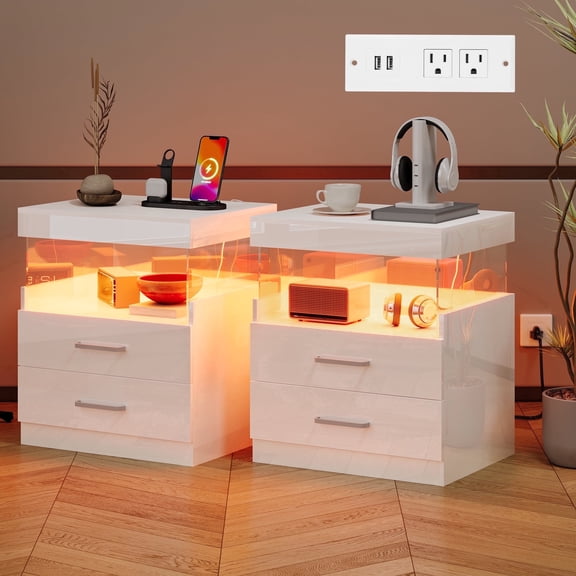Nightstand with LED Lights and Charging Station,End Table Set with 2 Storage Drawers,Bedside Table for Bedroom,White