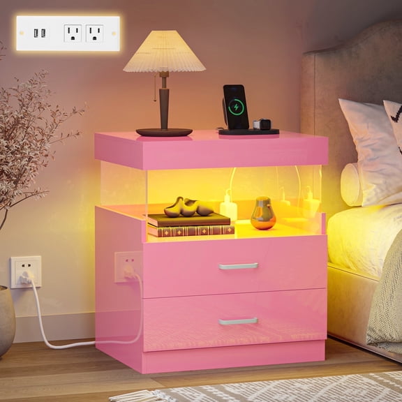 WelFurGeer Nightstand with LED Lights and Charging Station,End Table Set with 2 Storage Drawers,Bedside Table for Bedroom,Pink