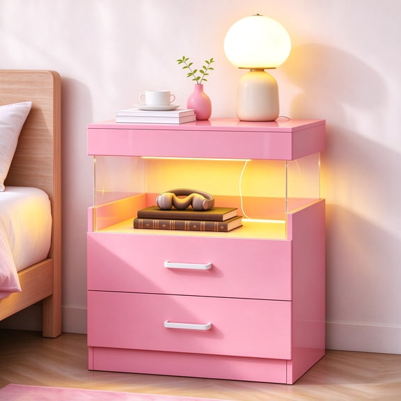 Entrintou LED Nightstand with Charging Station, 2-Drawer Bedside Table with 2 AC Outlets and 2 USB Ports, App and Remote RGB Lights, Pink, Single