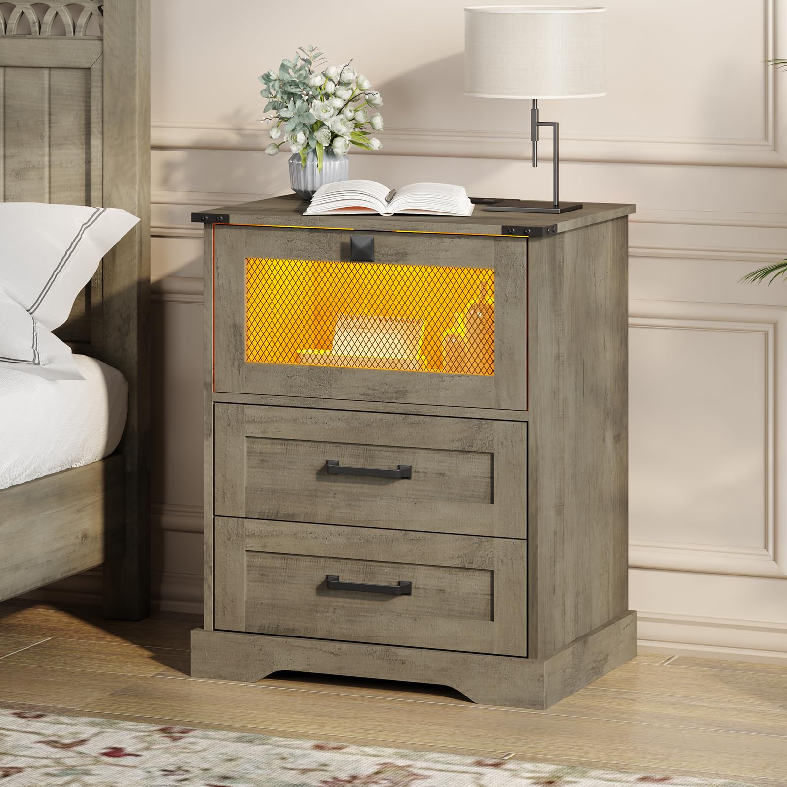 Nightstand with LED Lights and Charging Station, Farmhouse Bedside