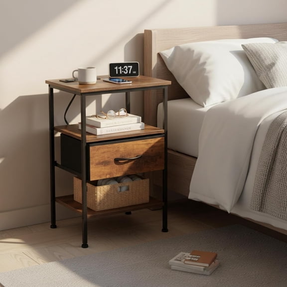 Nightstand with LED Lights and Charging Station, Rustic Brown Bedside Table with Drawer and Open Shelf for Bedroom Living Room
