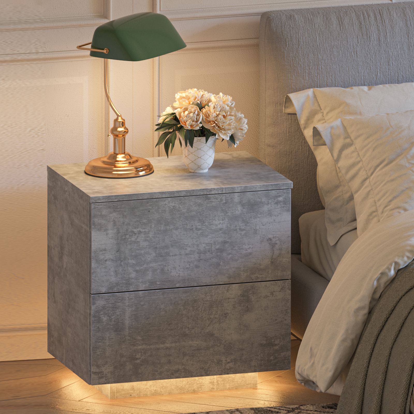 Nightstand with LED Strip Lights, Modern Bed Side Table with 2 Drawers