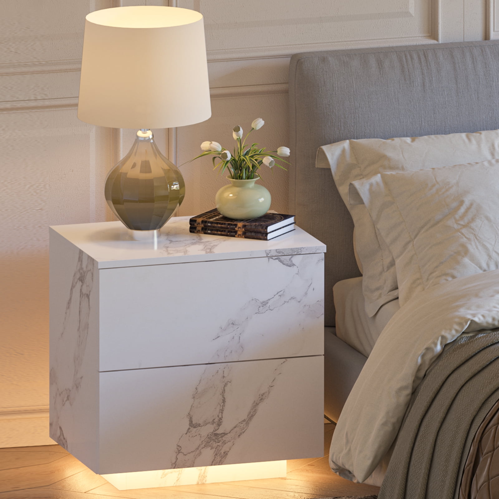 Nightstand with LED Strip Lights, Modern Bed Side Table with 2 Drawers