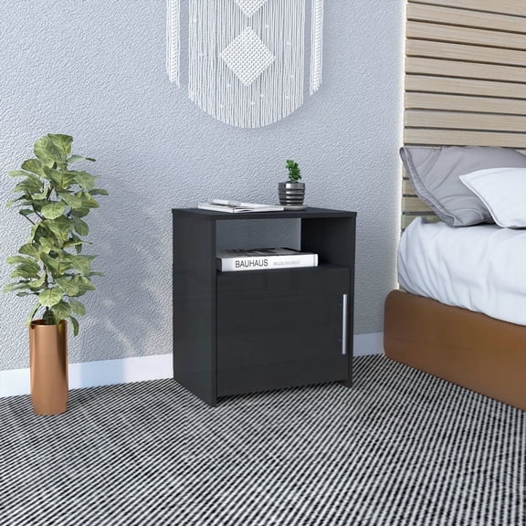 Nightstand with Metal Handle & One Shelf - Black Single Door Cabinet - Interlocking & Pre-drilled Features for Quick Setup