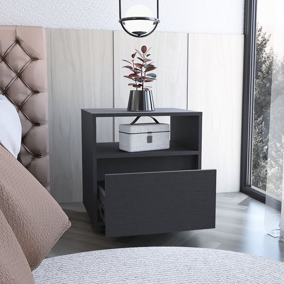 Nightstand with One Drawer, Black Color / Good for Tight Living Areas