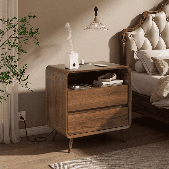 Nightstand with Open Shelf & 2 Drawers, Modern Walnut Design, 23.7"W x 15.8"D x 25"H