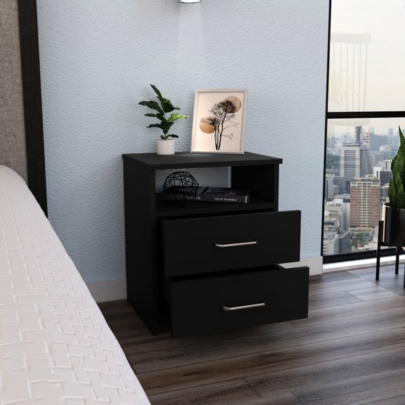 Nightstand with Open Shelf / For Bedroom Organization / Smooth-running Metal Drawers