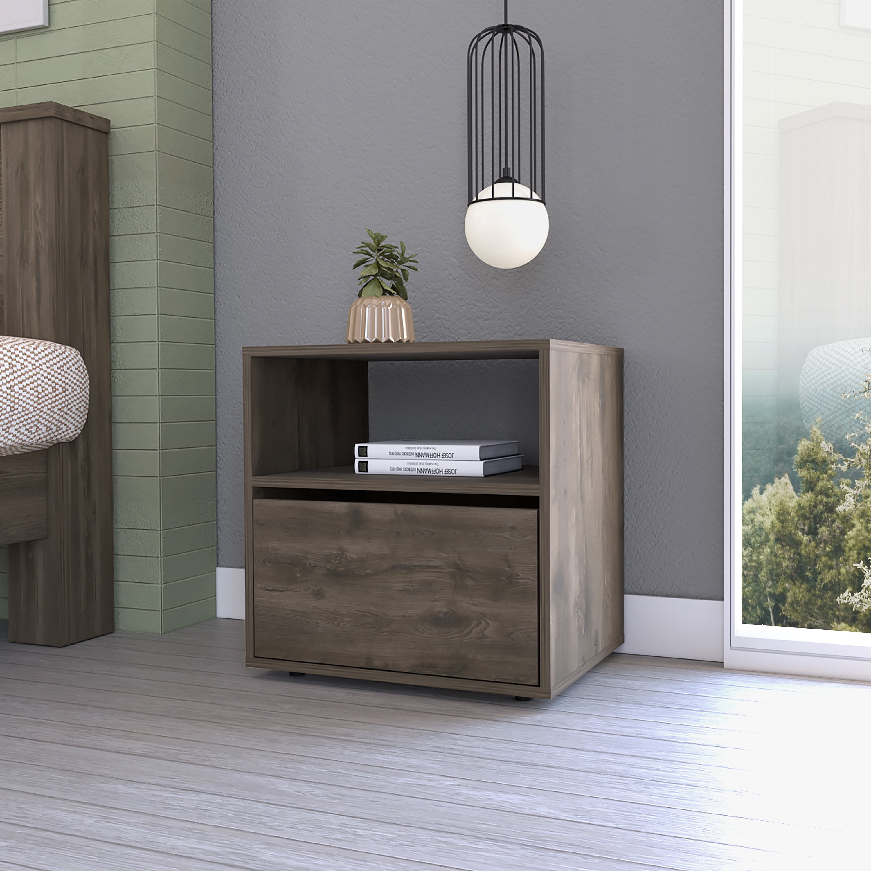 Bedroom Nightstand with Open Shelf and Storage Cabinet