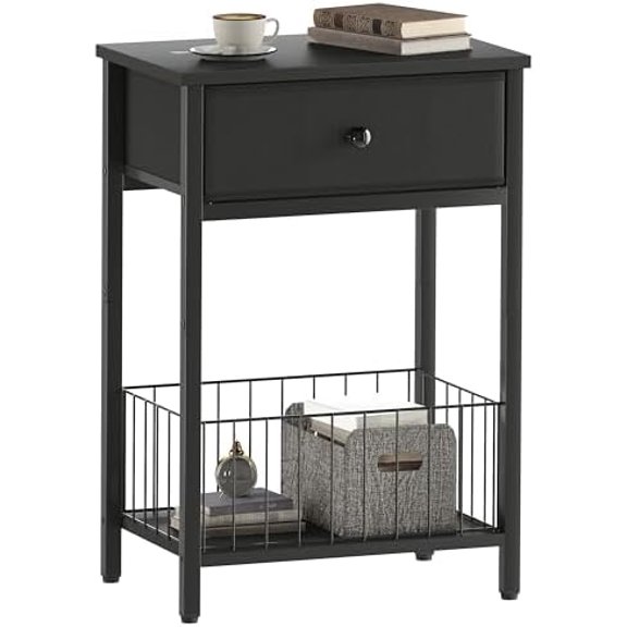 Nightstand with PU Leather Front Drawer, 3-Tier End Table with Bottom Mesh Basket, Industrial Bedside Table for Small Spaces, Black